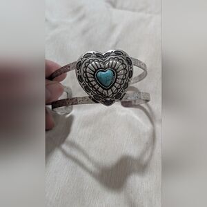 Western Heart Faux Turquoise Silver Cuff Bracelet Adjustable